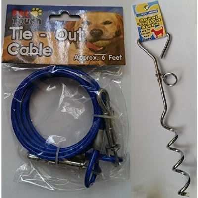 Image of Dog 6ft Garden Tie Out Cable Pet Lead Strong Wire with Spiral Ground Stake Spike (Blue)
