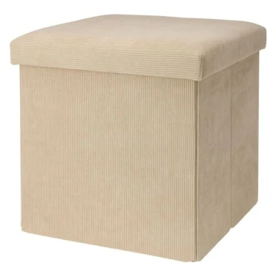 Image of Carousel Home Beige Corduroy Fabric Pouffe Storage Footstool Square Ottoman Folding With Box Foot Stools Pouffes For Living Room