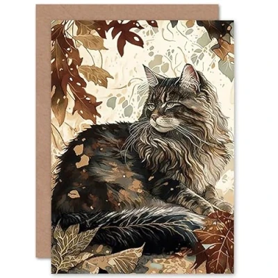 Image of Artery8 Maine Coon Cat in Autumn Leaves Modern Watercolour Ink Illustration Art Birthday Sealed Greeting Card Plus Envelope Blank inside