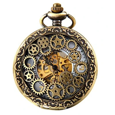 Image of JewelryWe Classic Antique Half Hunter Metal Hollow Skeleton Hand Wind Mechanical Pocket Watch with Chain