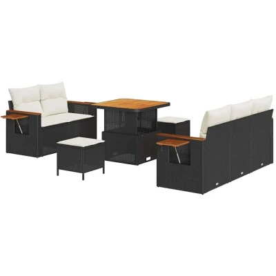 Image of vidaXL 8 Piece Garden Sofa Set with Cushions Black Poly Rattan Acacia