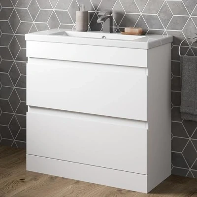 Image of 800mm Bathroom Vanity Unit Basin Storage 2 Drawer Cabinet Furniture White Gloss