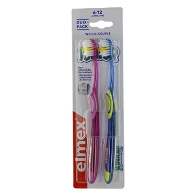 Image of Elmex Junior Duo Pack Toothbrushes Supple 6 12 Years Green and Blue