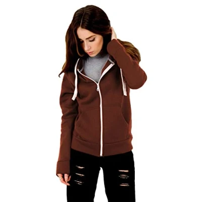 Image of True Face Ladies Hoodie Zip Up Plain Womens Sweatshirt Fleece Full Zipper Hooded Long Sleeve Zipped Top (Medium, Brown)