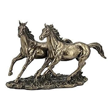 Image of US 11 Inch Cold Cast Bronze Color Sprinting Horses Figurine Statue Decor