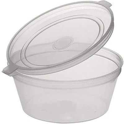 Image of encase 50 X 2oz Sauce Pots with Hinged Lids Round Food Containers Deli SauceTubs