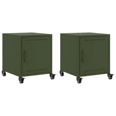 Image of vidaXL 2pcs Bedside Cabinets/Nightstands Olive Green Steel Nightstands with Storage Compartment &amp; Wheels for Bedroom/Living Room