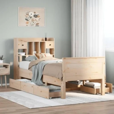 Image of vidaXL Single Wooden Bookcase Bed Frame 90x190 cm, Pine Wood, Storage Headboard, Drawers