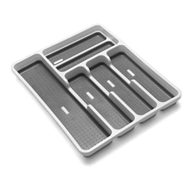 Image of Addis Premium Soft touch 6 Compartment Cutlery Drawer Organiser Tray, White and Grey Sections