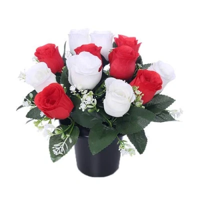 Image of FS 25cm Artificial Red &amp; Cream Rose Grave Pot with 12 Flower Heads Vase Insert Memorial