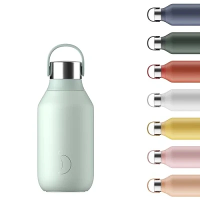 Image of Chilly&#039;s Series 2 Water Bottle Stainless Steel Thermal Bottles with Double Wall Vacuum, Soft Collar &amp; Carry Loop Lichen Green, 350ml