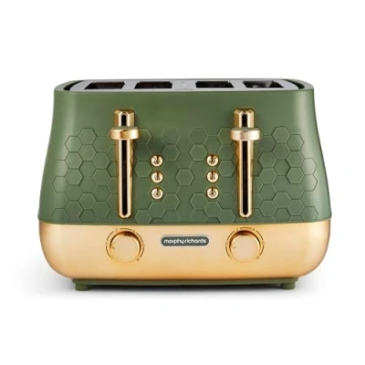 Image of Morphy Richards Cassini 4 Slice Toaster, Variable Browning and Width Slots, 6 Power Levels, Removable Crumb Tray, Illuminated Buttons, High Lift, Defrost, Reheat, 800W, Olivine Green, 243022
