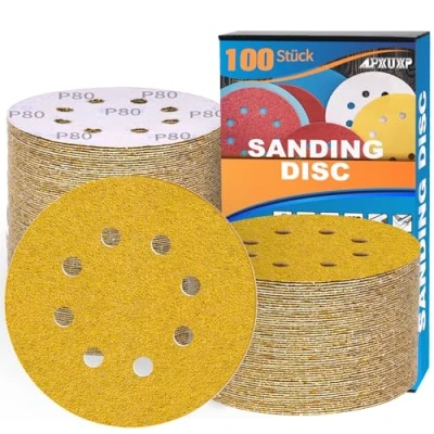 Image of 120Pcs 125mm Sanding Discs 8 Holes Hook and Loop Pads for Random Orbital Sander Sandpaper Sheet(40/60/80/120/180/240/320/400 x15 Mixed Grits) ALPXUXP
