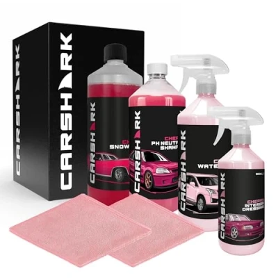 Image of CARSHARK Car Cleaning Cherry Kit Gift Box, Interior Dressing 500ml, Snow Foam 1L, pH Neutral Shampoo Waterless Wash &amp; Wax Pink Microfibre Cloths x 2
