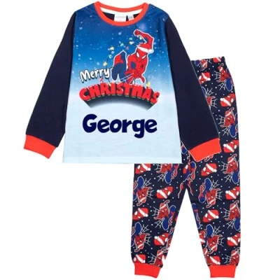 Image of Marvel Spiderman Christmas Personalised Pyjama for Kids Long Sleeve Winter Soft and Comfortable Gift Boys PJ Set Age 6/7 Dark Blue