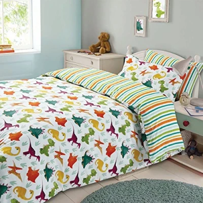 Image of Dreamscene Duvet Cover Pillowcase Bedding Set Boys Girls Dinosaur Reversible Stripe Double