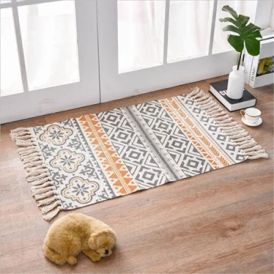 Image of AMIPOS Hand Woven Cotton Area Rug Doormat 60x90 cm,Washable Bathroom Absorbent Accent Floor for Kitchen Laundry Room Bedroom (F)