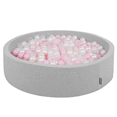 Image of KiddyMoon Soft Ball Pit Round 120X30cm/300 Balls ∅ 7Cm / 2.75In For Kids, Foam Pool Baby Playballs Children, Made In The EU, Light Grey:Powder Pink Pearl Transparent
