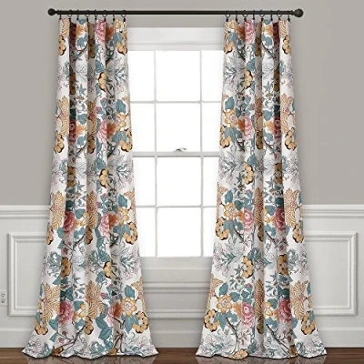 Image of Lush Decor, Blue and Yellow Sydney Curtains Floral Garden Room Darkening Window Panel Set for Living, Dining, Bedroom (Pair), 108 x 52 L