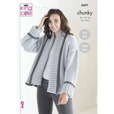 Image of King Cole Ladies Chunky Knitting Pattern Easy Knit Short or Long Length Cardigan (5691)