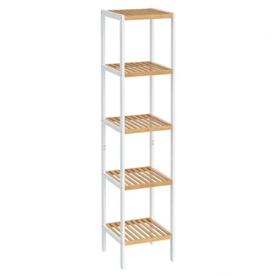 Image of SONGMICS 5 Tier Bamboo Bathroom Shelf, Freestanding Narrow Shelf Unit, Multifunctional Storage Corner for Kitchen, Living Room, Bedroom, Hallway, Cloud White and Natural Beige BCB055N01