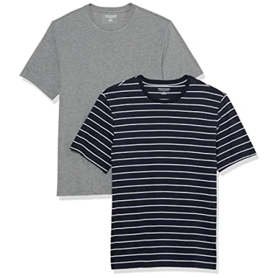 Image of Amazon Essentials Men&#039;s T Shirt Slim Fit Short Sleeve Crewneck, Pack of 2, Grey Heather/Navy Stripes, L