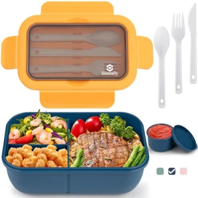 Image of Sinnsally Lunch Box,1250ml Stackable Bento Box for Kids Adults,Packed Food Container with 3 Compartments and Cutlery Set,Layered Lunchbox,Leakproof, Rectangle,Microwave Dishwasher Safe(Bule)