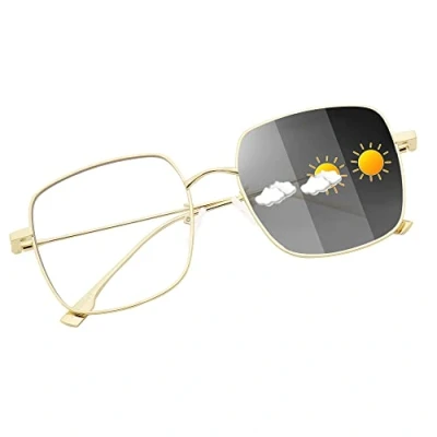 Image of JM Photochromic Blue Light Blocking Computer Glasses, Square Eye Protect Metal Eyeglasses Anti Glare Men Women Grey