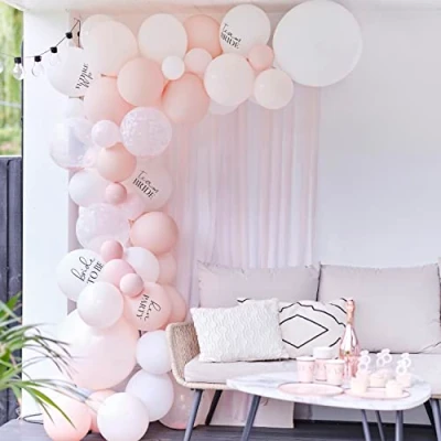 Image of Ginger Ray White, Pink and Confetti Hen Party Balloon Arch Kit with Slogans &amp; Streamers 55 Balloons Included