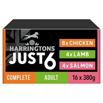 Image of Harringtons Just 6 Complete Grain Free Hypoallergenic Mixed Wet Adult Dog Food 380g (Pack of 16) In A Tasty Gravy