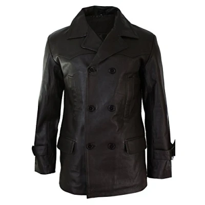 Image of Mens 3/4 Double Breasted Real Leather Dr Who Kreigsmarine Uboat Jacket Black