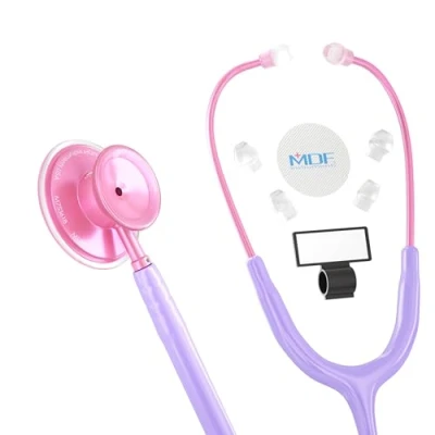 Image of MDF Acoustica Lightweight Stethoscope, Adult, Dual Head, Pastel Purple Tube, Pink Pinkore Chestpiece Headset, MDF747XPPO07