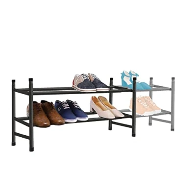Image of Knight 2 Tier Extendable Metal Shoe Rack Stackable, Space Saving Organizer, Holds 12 Pairs, for Hallway, Bedroom, Bathroom Adjustable Length L: 62 112cm H:35cm W:23cm