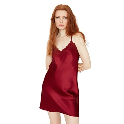 Image of Trendyol Women Homewear Mini Shift Regular fit Woven Nightgown,Burgundy,38