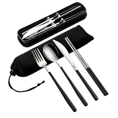 Image of VANRA 4 Piece Portable Travel Utensils Set with Case 18/10 Stainless Steel Flatware Reusable Cutlery Fork Spoon Knife Chopstick for Lunch Camping School Work Picnic (Black)