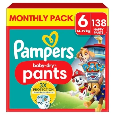 Image of Pampers Baby Dry Nappy Pants Paw Patrol Edition Size 6, 138 Nappies, 14kg 19kg, Monthly Pack, with Our 360 Fit to Help Prevent Leaks