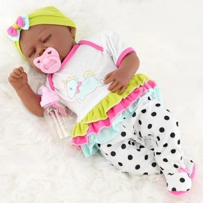Image of The Magic Toy Shop Bibi Doll 20&quot; Realistic Reborn Handmade Sleeping Eyes Black Baby Girl With Dummy &amp; Feeding Bottle (Ethnic Sleeping)