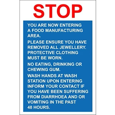 Image of Hygiene Catering Stop You are Now Entering a Food Manufacturing Area Safety Sign Self Adhesive Sticker 300mm x 200mm