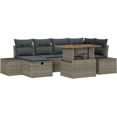 Image of vidaXL 7 Piece Garden Dining Set with Cushions Grey Poly Rattan Acacia