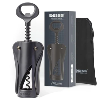 Image of Deiss LUX Wine Opener, All Metal Wing Corkscrew Bottle Opener with Built in Beer Ergonomic Cork Screw Corker, Black Matte Coating, Velvet Storage Pouch, Perfect Gift