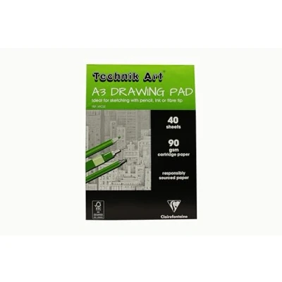 Image of Clairefontaine Ref XPC3Z Technik Art Drawing Pad, A3, 90gsm Blank Cartridge Paper, 40 Sheets Per Pad Ideal for Sketching with Pens, Pencils or Fibre Tips