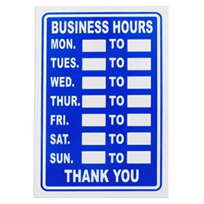 Image of 5 x Business Hours Sign Blue High Contrast Opening Closing Times Shop Safety Door Notice