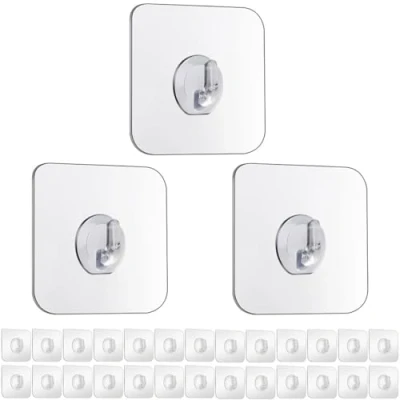 Image of PAIDASHU Self Adhesive Hooks,30 Pack Heavy Duty Wall Hooks, Max 10KG/22lb,Clear Plastic Sticky Hanging Hook for Home Kitchen Bathroom Office Use (Transparent)