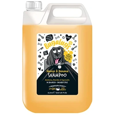 Image of BUGALUGS dog shampoo Tropical Mango &amp; Banana grooming products for smelly dogs with fragrance, best puppy shampoo, professional groom Vegan pet conditioner (5 Litre)