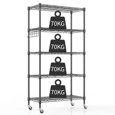 Image of 5 Wire Shelving with Wheels Metal Storage Rack Height Adjustable Shelves, Standing Shelf Units for Laundry Bathroom Kitchen Pantry Closet 76cm*35cm*158cm Black