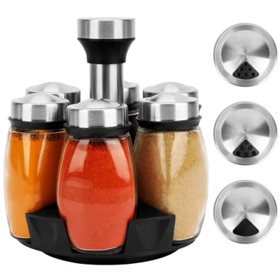Image of Belle Vous Rotating Spice Rack with 6 Glass Shakers &amp; Silver Lids 360 Stainless Steel Revolving Kitchen Countertop Organiser Freestanding Carousel Herb, Seasoning Stand Storage Jars