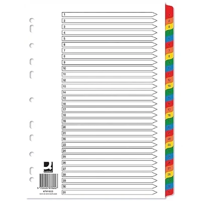 Image of Q Connect 1 31 Index Multi punched Reinforced Board Colour Numbered Tabs A4 White KF01522