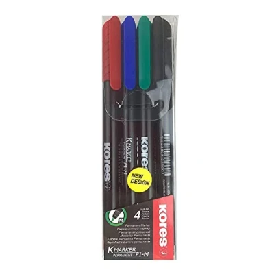 Image of Kores Coloured Permanent Marker Pens K P1, Fine Fibre Tip with Low Odour Ink Waterproof for All Surfaces School Supplies, Office Pen Pack of 4