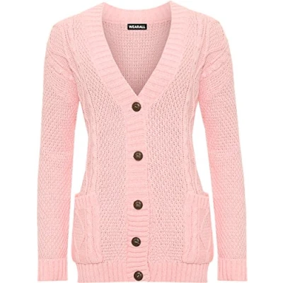 Image of WearAll Womens Cable Knitted Button Cardigan Long Sleeve Ladies Boyfriend Top Pink 20 22