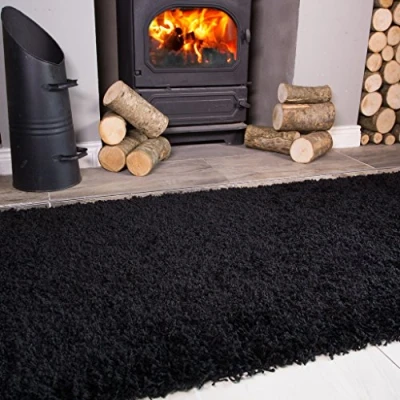 Image of Ontario Black Fireside Fireplace Mantelpiece Hearth Shaggy Shag Fluffy Living Room Area Rug